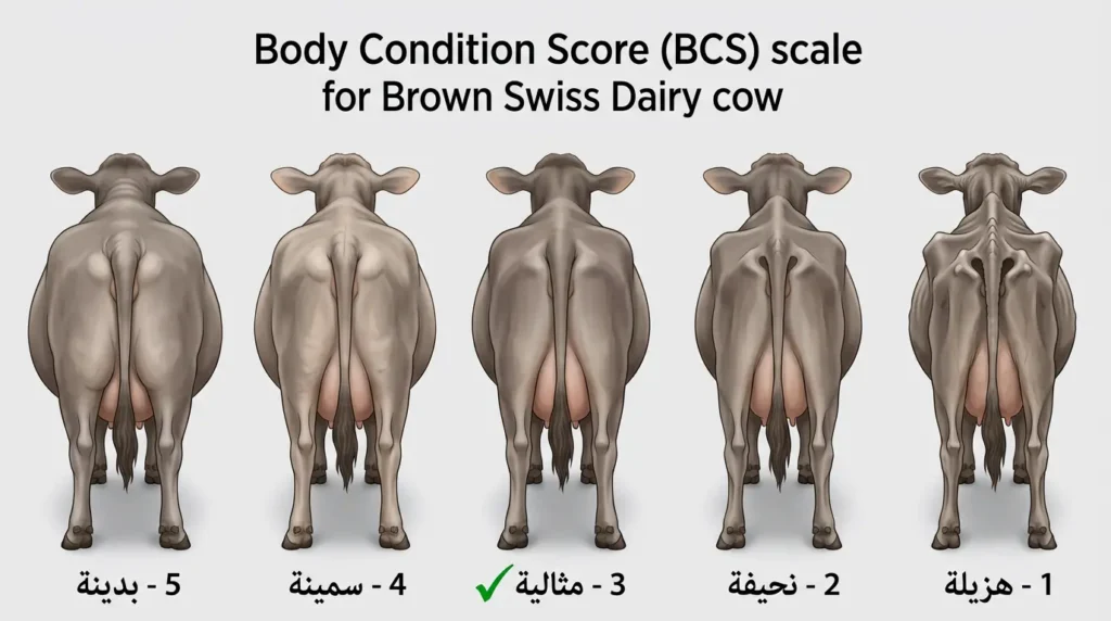 رسم بيطري يُوضح مقياس حالة الجسم (BCS) من 1 إلى 5 لبقرة البراون السويسرية من المنظر الخلفي، مع تحديد الدرجة المثالية عند 3.