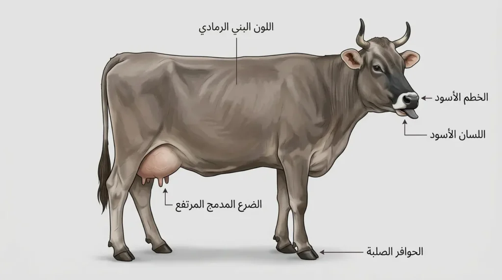 رسم توضيحي بيطري واقعي لبقرة البراون السويسرية من الجانب مع تسميات عربية تشير إلى اللون البني الرمادي والخطم الأسود واللسان الأسود والحوافر الصلبة والضرع المدمج المرتفع.