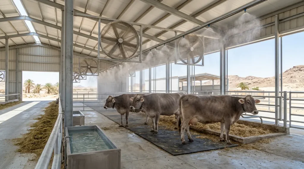 حظيرة أبقار حديثة في بيئة حارة مجهزة بمراوح صناعية كبيرة ونظام رذاذ مائي دقيق لتبريد أبقار البراون السويسرية خلال الصيف.