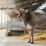 بقرة براون سويسرية بالغة ذات لون بني رمادي مميز تقف في حظيرة حديثة نظيفة مع فرشة قش طازجة وإضاءة طبيعية.