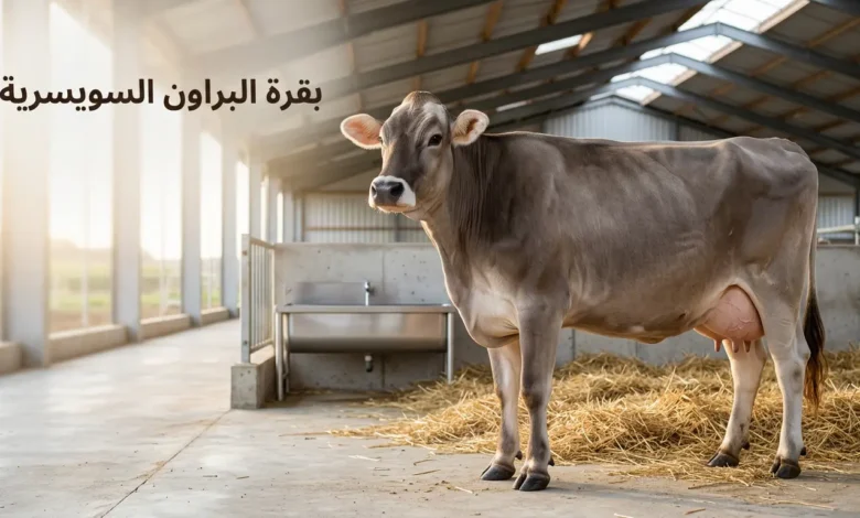 بقرة براون سويسرية بالغة ذات لون بني رمادي مميز تقف في حظيرة حديثة نظيفة مع فرشة قش طازجة وإضاءة طبيعية.