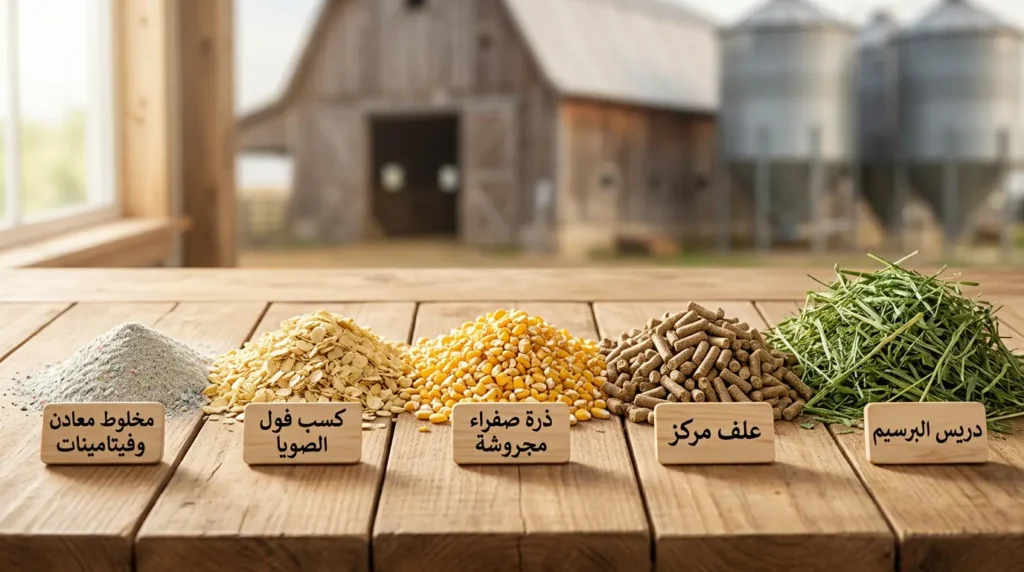 صورة احترافية لخمسة مكونات علفية أساسية في عليقة بقرة البراون السويسرية مرتبة من اليمين إلى اليسار: دريس البرسيم، العلف المركز، الذرة الصفراء المجروشة، كسب فول الصويا، ومخلوط المعادن والفيتامينات.