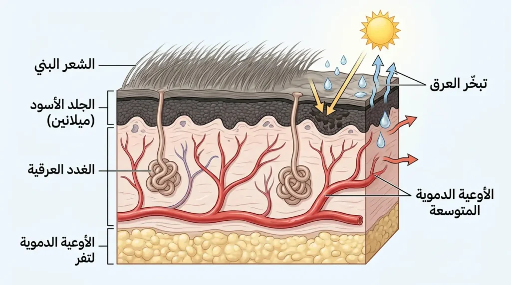 رسم توضيحي لمقطع عرضي في جلد بقرة البراون السويسرية يُوضح آلية التنظيم الحراري عبر الجلد الأسود الغني بالميلانين والغدد العرقية والأوعية الدموية المتوسعة.