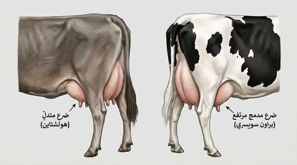 مقارنة توضيحية بيطرية بين ضرع بقرة البراون السويسري المدمج المرتفع وضرع بقرة الهولشتاين المتدلي، مع تسميات عربية لكل نوع.