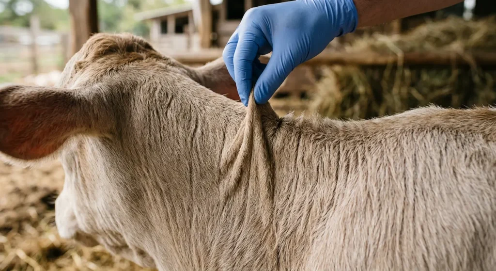 صورة مقربة تظهر اختبار ثنية الجلد على رقبة عجل لتقييم درجة الجفاف.