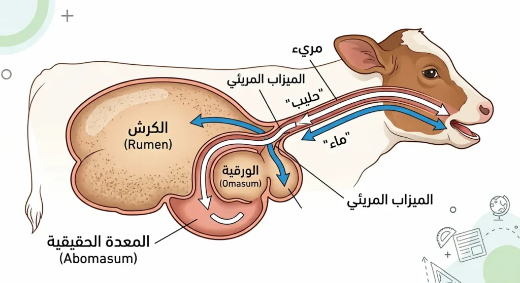 رسم توضيحي لآلية عمل الميزاب المريئي في العجل، يوضح كيف يذهب الحليب إلى المعدة الحقيقية بينما يذهب الماء إلى الكرش.