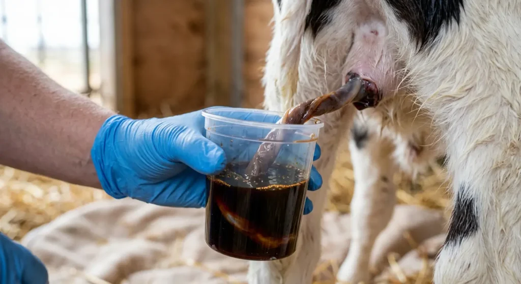 صورة مقربة لتطهير الحبل السري لعجل حديث الولادة باستخدام كوب غمس مملوء بمحلول اليود.