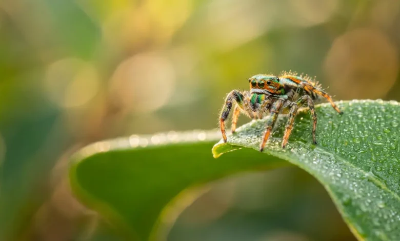 عنكبوت قافز صغير بألوان زاهية وعيون كبيرة لامعة يقف على حافة ورقة خضراء مبللة بقطرات الندى في ضوء الصباح الطبيعي الناعم