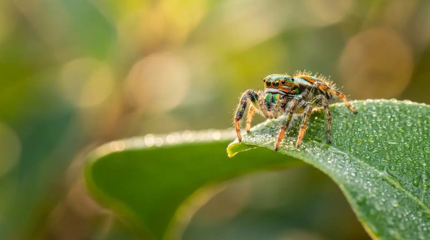 عنكبوت قافز صغير بألوان زاهية وعيون كبيرة لامعة يقف على حافة ورقة خضراء مبللة بقطرات الندى في ضوء الصباح الطبيعي الناعم