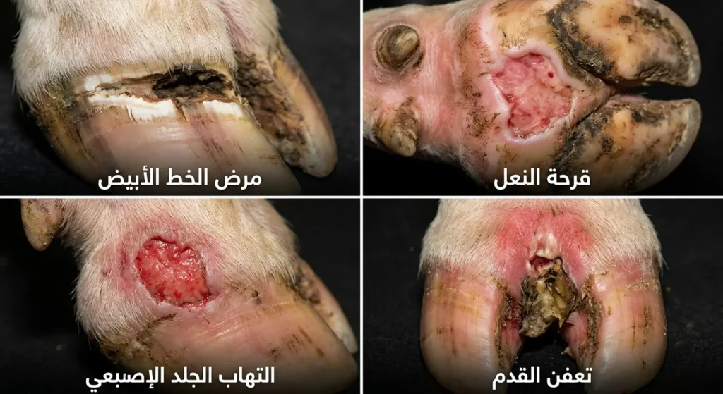 أربع صور سريرية لأمراض حوافر الأبقار الشائعة تشمل قرحة النعل ومرض الخط الأبيض وتعفن القدم والتهاب الجلد الإصبعي