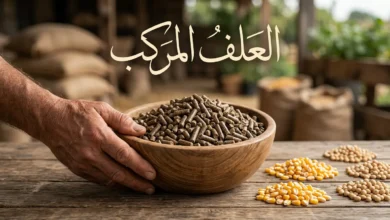 وعاء يحتوي على حبيبات العلف المركب ومحاط بمكونات طبيعية مثل الذرة وفول الصويا.