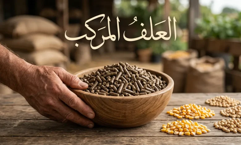 وعاء يحتوي على حبيبات العلف المركب ومحاط بمكونات طبيعية مثل الذرة وفول الصويا.