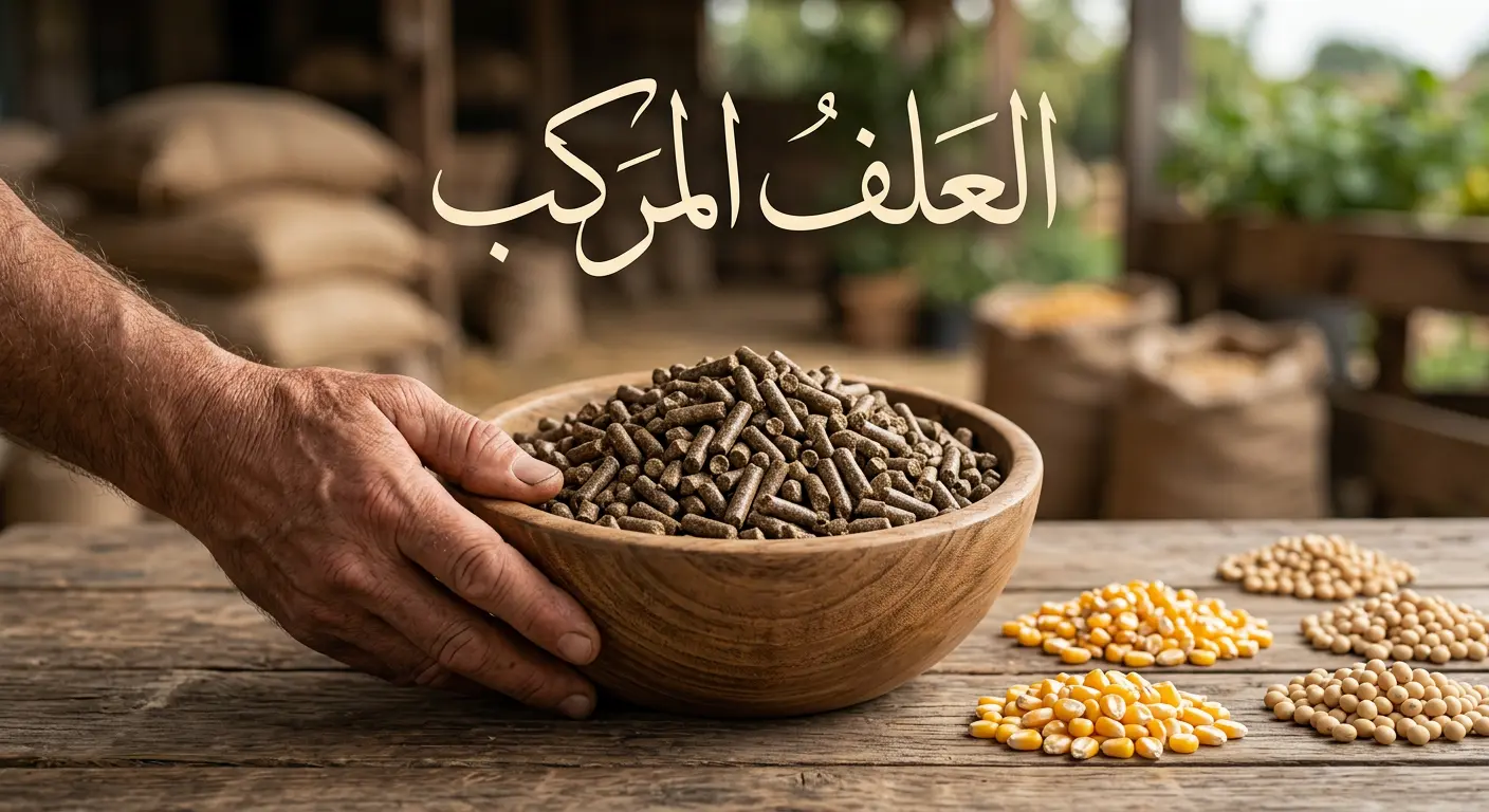 وعاء يحتوي على حبيبات العلف المركب ومحاط بمكونات طبيعية مثل الذرة وفول الصويا.