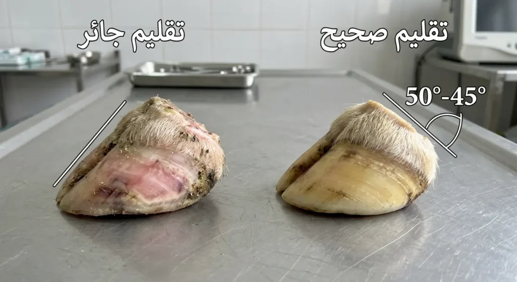 مقارنة جانبية بين حافر بقرة مقلَّم بشكل صحيح بزاوية مناسبة وحافر آخر مقلَّم بشكل جائر مع نعل رقيق بشكل خطير