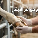 يد طبيب بيطري بقفاز تمسك حافر بقرة حلوب مقلَّم بشكل صحيح داخل زناقة تقليم حديثة مع عنوان تقليم حوافر الأبقار