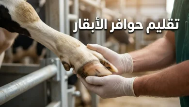 يد طبيب بيطري بقفاز تمسك حافر بقرة حلوب مقلَّم بشكل صحيح داخل زناقة تقليم حديثة مع عنوان تقليم حوافر الأبقار