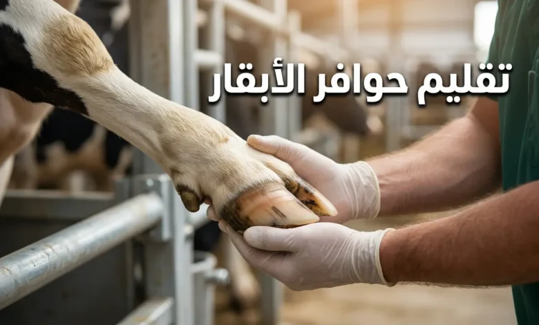 يد طبيب بيطري بقفاز تمسك حافر بقرة حلوب مقلَّم بشكل صحيح داخل زناقة تقليم حديثة مع عنوان تقليم حوافر الأبقار