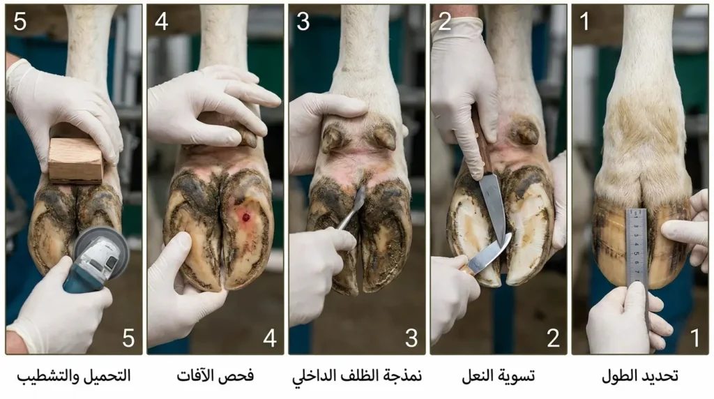 خمس خطوات للطريقة الهولندية لتقليم حوافر الأبقار تشمل تحديد الطول وتسوية النعل ونمذجة الظلف الداخلي وفحص الآفات والتحميل والتشطيب