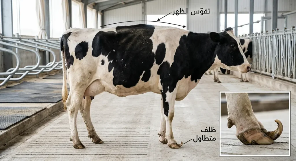 بقرة هولشتاين تظهر عليها علامات العرج بتقوس الظهر مع صورة مقربة لظلف متطاول بشكل غير طبيعي