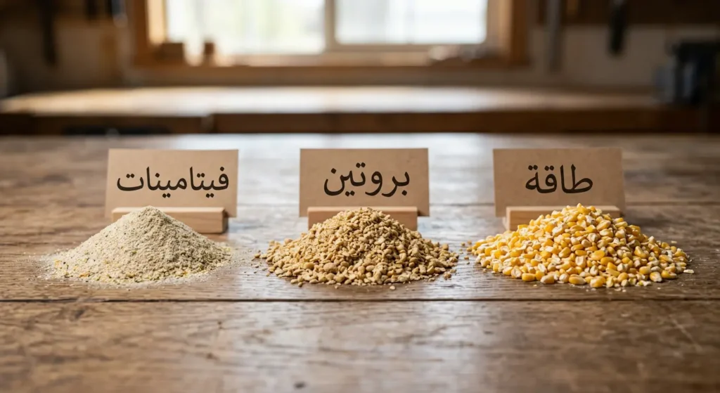 أكوام مقسمة من الذرة وفول الصويا ومسحوق الفيتامينات تمثل مكونات العلف المركب.