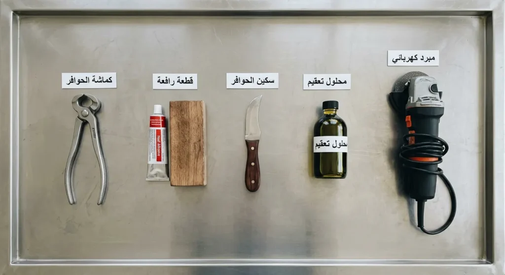 صورة علوية لأدوات تقليم حوافر الأبقار مرتبة على طاولة معدنية تشمل سكين الحوافر وكماشة الحوافر والمبرد الكهربائي والقطعة الرافعة ومحلول التعقيم
