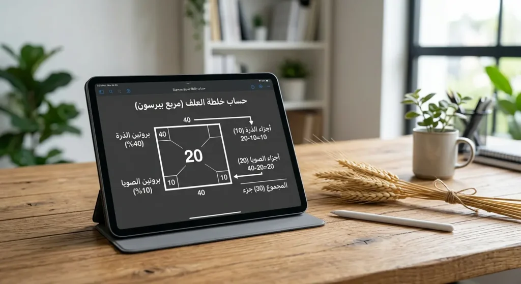 حاسوب لوحي يعرض رسماً رياضياً يمثل مربع بيرسون لحساب نسب البروتين في العلف.