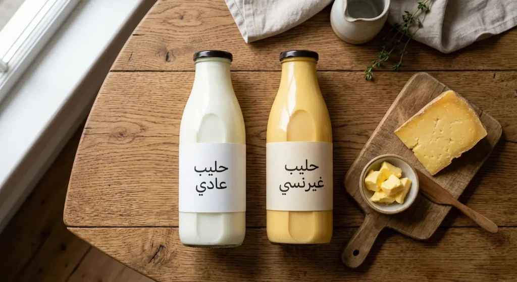 مقارنة بين حليب غيرنسي الذهبي والحليب العادي الأبيض في زجاجتين شفافتين مع زبدة وجبن ذهبي