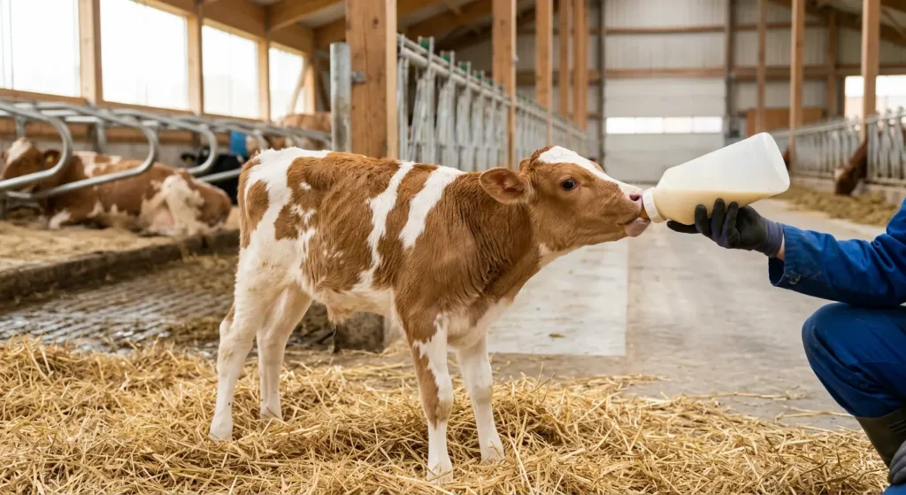 عجل غيرنسي حديث الولادة يرضع اللبأ من زجاجة رضاعة نظيفة داخل حظيرة مضاءة جيداً
