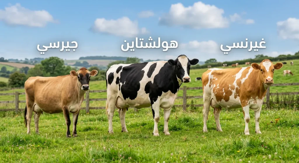 مقارنة بصرية بين ثلاث سلالات أبقار حلوب: غيرنسي وهولشتاين وجيرسي تقف جنباً إلى جنب في مرعى أخضر