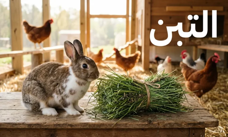 حزمة تبن أخضر طازج على طاولة خشبية بجانب أرنب أليف وفي الخلفية حظيرة دواجن مع كلمة التبن بخط عربي بارز