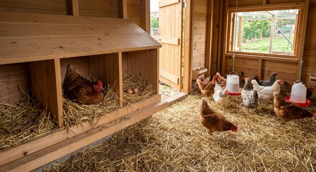 حظيرة دواجن نظيفة بأرضية مفروشة بالتبن ودجاجات تتجول وصندوق تعشيش مبطن بالتبن يحتوي على بيض