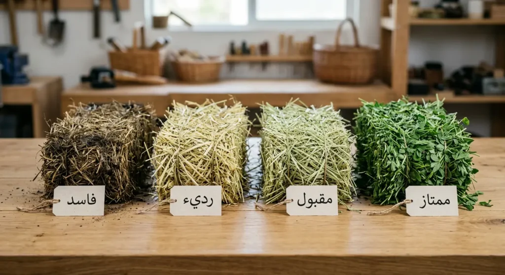 أربع عينات تبن مرتبة من اليمين إلى اليسار تُظهر تدرج الجودة من الأخضر الممتاز إلى البني الفاسد المتعفن