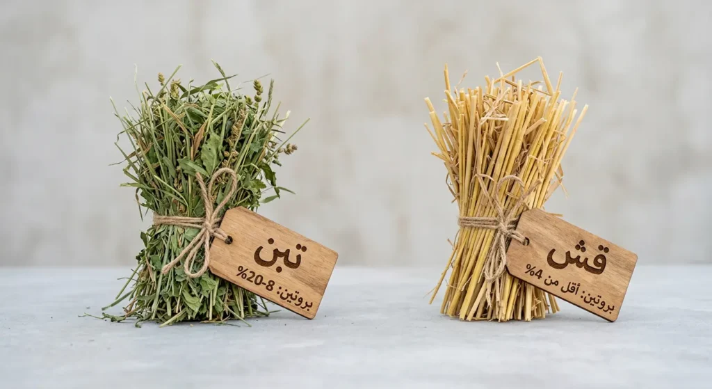 مقارنة جنباً إلى جنب بين التبن الأخضر الطازج الغني بالبروتين والقش الأصفر الجاف شبه المنعدم القيمة الغذائية