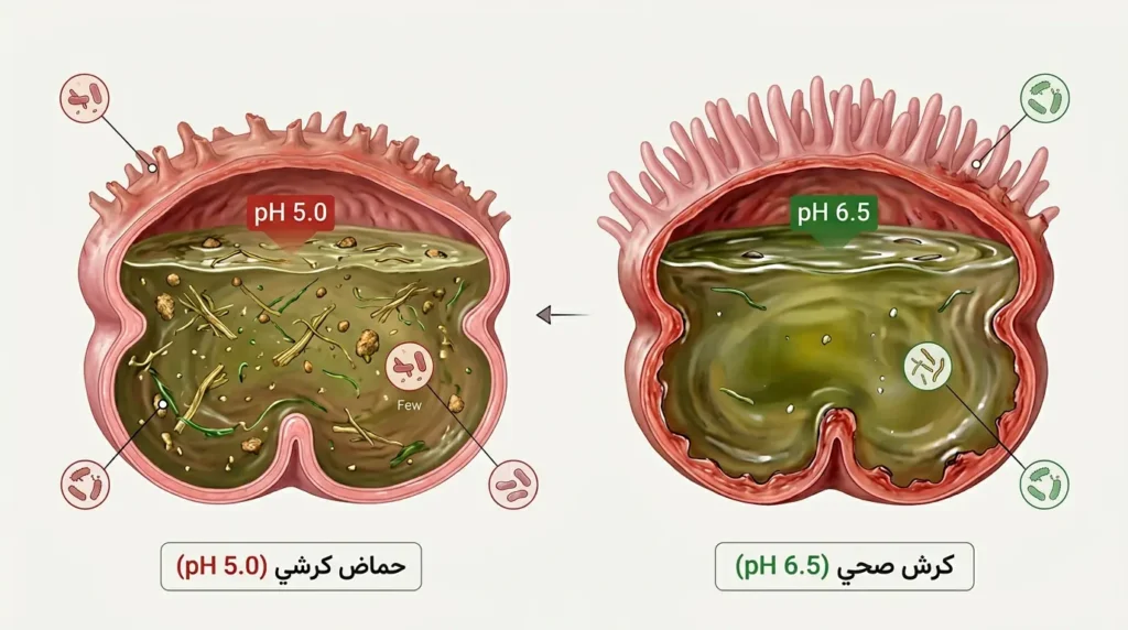 رسم بيطري مقارن بين كرش صحي بدرجة حموضة 6.5 وكرش مصاب بالحماض بدرجة حموضة 5.0، مع إظهار الفرق في حالة الحليمات الكرشية والبكتيريا والسوائل.