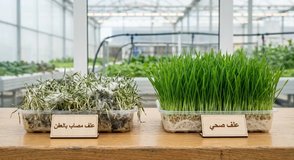 مقارنة بين صينية علف مائي صحية خضراء وصينية أخرى يظهر عليها العفن بوضوح.