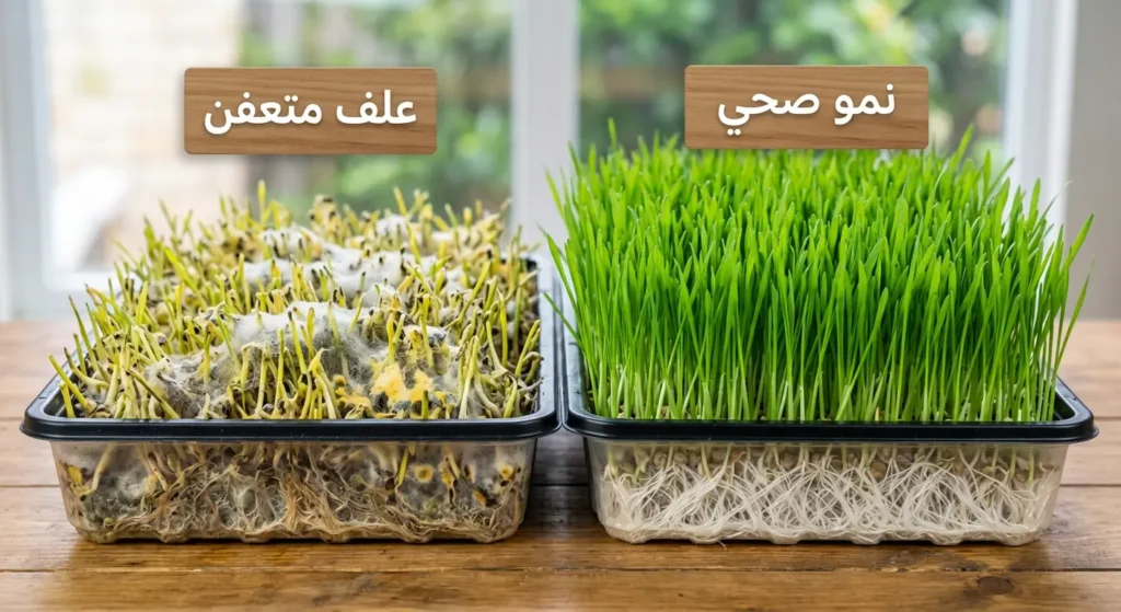 صورة مقارنة بين صينية علف مستنبت صحي أخضر اللون وصينية أخرى يظهر عليها العفن بوضوح على شكل خيوط بيضاء وبقع صفراء.