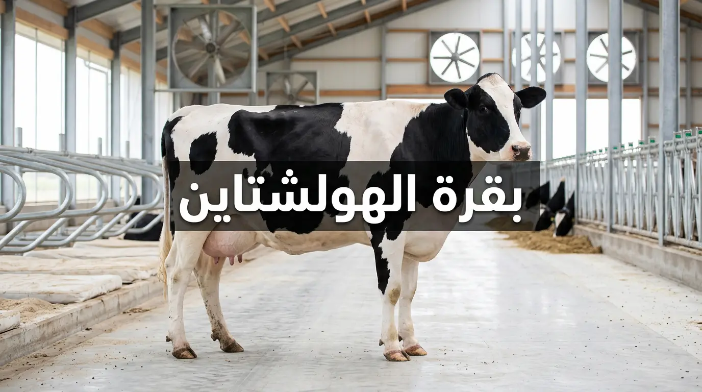 بقرة هولشتاين سوداء وبيضاء تقف في مزرعة ألبان حديثة مجهزة بأنظمة تهوية