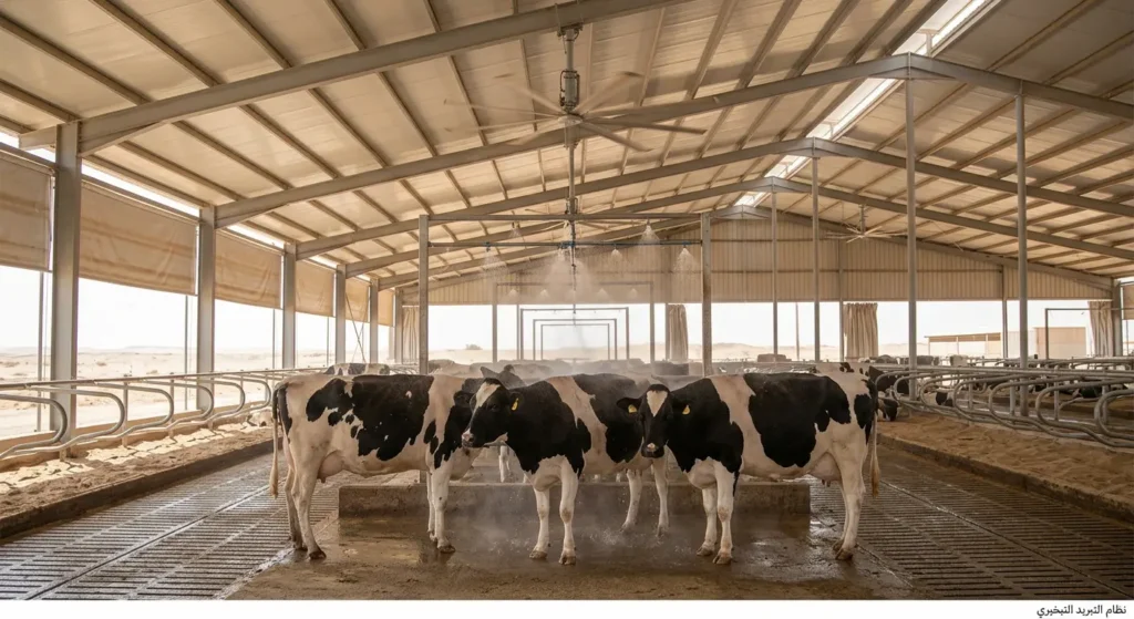 أبقار هولشتاين داخل حظيرة مجهزة بنظام تبريد تبخيري يتضمن مراوح كبيرة ورشاشات مائية لمواجهة الإجهاد الحراري
