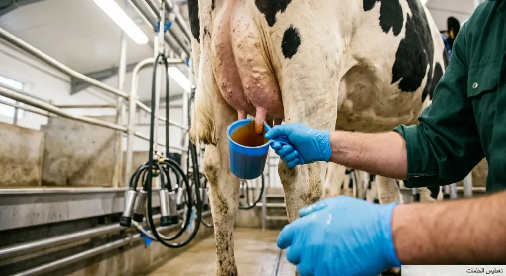 عامل مزرعة يرتدي قفازات يقوم بتغطيس حلمات بقرة هولشتاين بمحلول اليود بعد الحلب للوقاية من التهاب الضرع