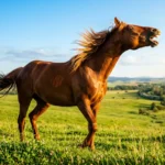 حصان بني جميل يرفع رأسه ويفتح فمه وهو يصهل في مرج أخضر واسع تحت سماء زرقاء صافية مع أشعة الشمس الذهبية