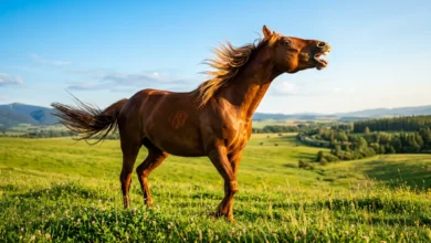 حصان بني جميل يرفع رأسه ويفتح فمه وهو يصهل في مرج أخضر واسع تحت سماء زرقاء صافية مع أشعة الشمس الذهبية