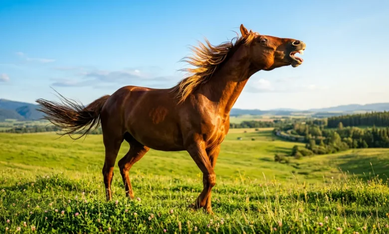 حصان بني جميل يرفع رأسه ويفتح فمه وهو يصهل في مرج أخضر واسع تحت سماء زرقاء صافية مع أشعة الشمس الذهبية