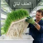 سجادة خضراء كثيفة من العلف المائي (الشعير المستنبت) تُرفع باليد لتظهر جذورها البيضاء النظيفة.