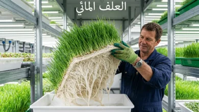 سجادة خضراء كثيفة من العلف المائي (الشعير المستنبت) تُرفع باليد لتظهر جذورها البيضاء النظيفة.