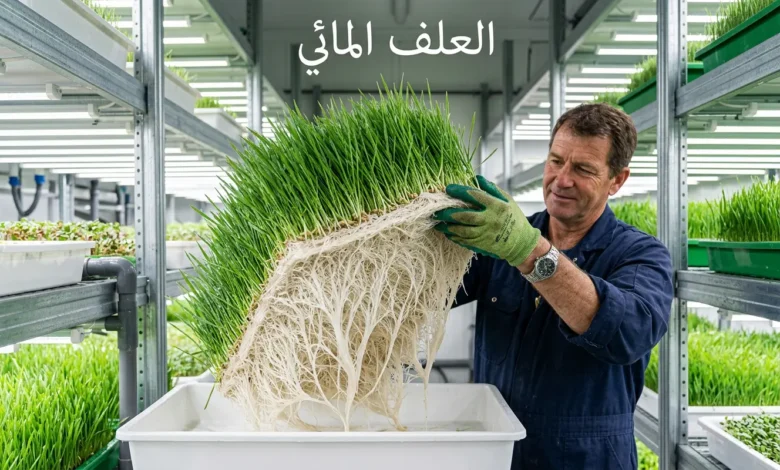 سجادة خضراء كثيفة من العلف المائي (الشعير المستنبت) تُرفع باليد لتظهر جذورها البيضاء النظيفة.