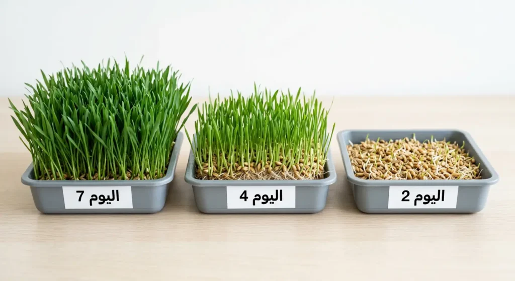 ثلاث مراحل لنمو الشعير المستنبت: اليوم الثاني، اليوم الرابع، واليوم السابع.