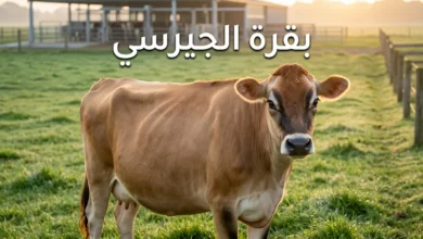 بقرة جيرسي بنية اللون تقف في مزرعة ألبان حديثة مع إضاءة صباحية ذهبية