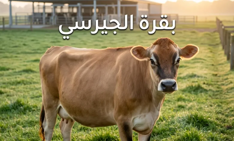 بقرة جيرسي بنية اللون تقف في مزرعة ألبان حديثة مع إضاءة صباحية ذهبية