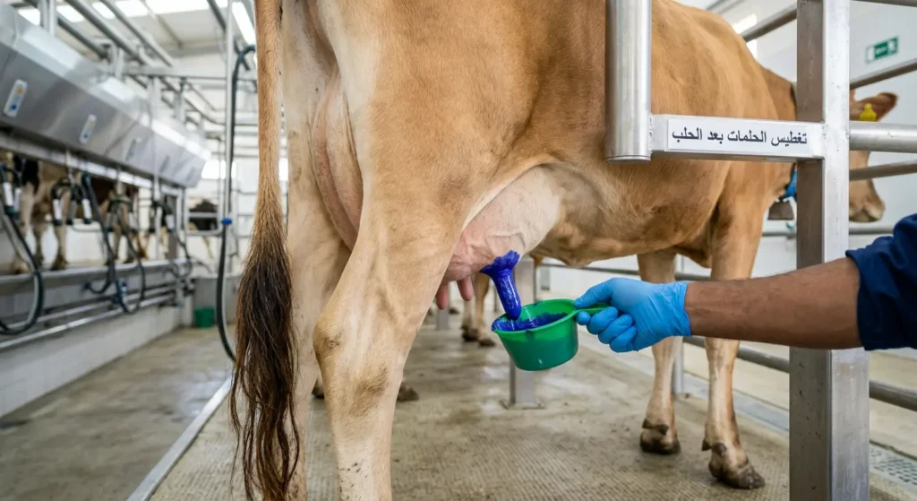 يد عامل بقفاز تقوم بتغطيس حلمات بقرة جيرسي بمحلول اليود بعد الحلب للوقاية من التهاب الضرع