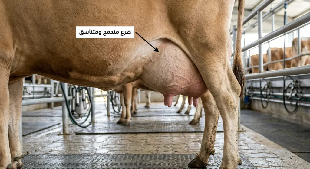 صورة مقربة لضرع بقرة جيرسي يظهر التصاقه القوي بجدار البطن وتناسق أرباعه الأربعة